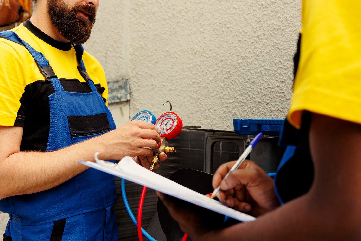 Two technicians in yellow shirts and blue overalls check HVAC gauges and take notes on a clipboard outdoors.